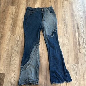 SHEIN Two-Tone Flare Jeans in Dark & Light Wash